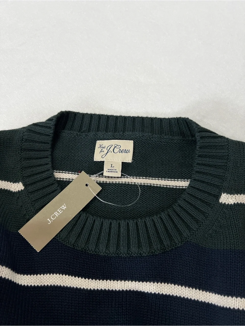 J.Crew Knit Heritage Crew Stripe Sweater Sz Large Cotton Green Navy Long Sleeve